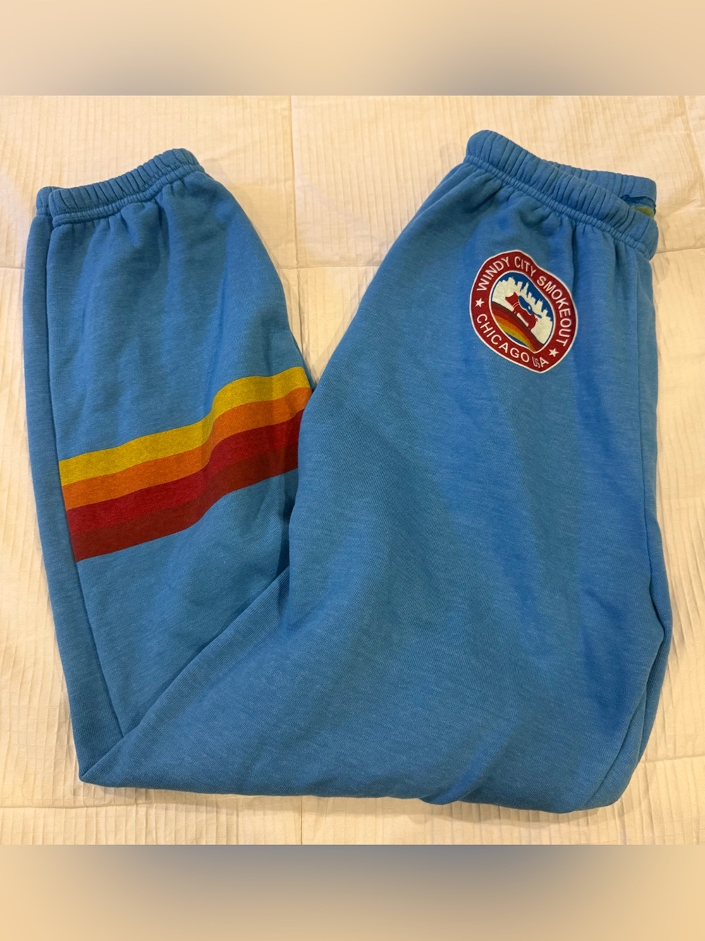 Windy City Aviator Nation Blue Sweatpants with Red-Orange-Yellow Retro Stripes